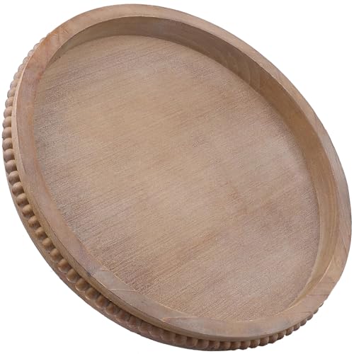 Hrastany Wood Decorative Serving Tray with Bead, Round Vintage Wooden Ottoman Tray for Home Centerpiece, Counter Organizer, 13” Circle Tray for Kitchen, Living Room (Rustic Brown) - color: Round Brown, size: 13"