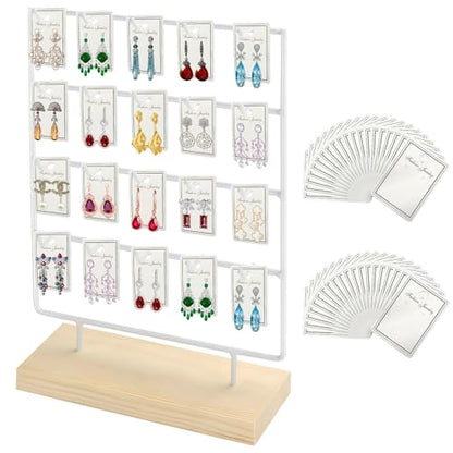 Earring Display Stand for Selling, Wood Earring Rack Display Holder Stand, 4 Tier 20 Hooks Jewelry Display for Selling with 40pcs Earring Cards, Bracelets, Rings, Necklaces - color: White