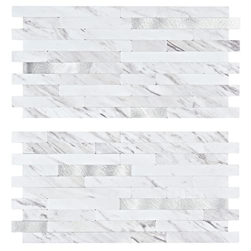 Midcard 20 Sheet Peel and Stick Backsplash, White Marble PVC Wall Tile for Kitchen Backsplash - color: White Marble With Metallic Silver, size: 20