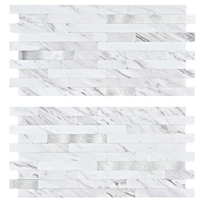 Midcard 20 Sheet Peel and Stick Backsplash, White Marble PVC Wall Tile for Kitchen Backsplash - color: White Marble With Metallic Silver, size: 20