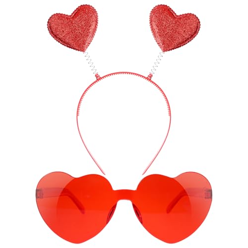 Qianyu Valentine's Day Heart Head Bopper, Headband and Heart-Shaped Sunglasses Romantic Head Bopper Dress-Up Hair Accessories and Glasses for Party Prop Wedding Halloween Women(Red)