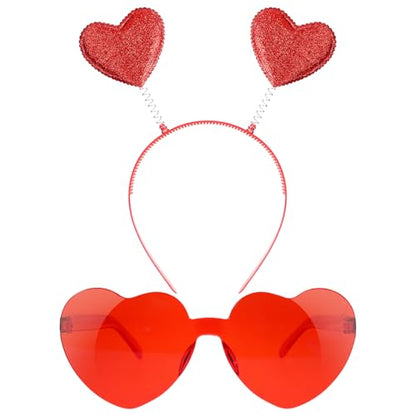 Qianyu Valentine's Day Heart Head Bopper, Headband and Heart-Shaped Sunglasses Romantic Head Bopper Dress-Up Hair Accessories and Glasses for Party Prop Wedding Halloween Women(Red)