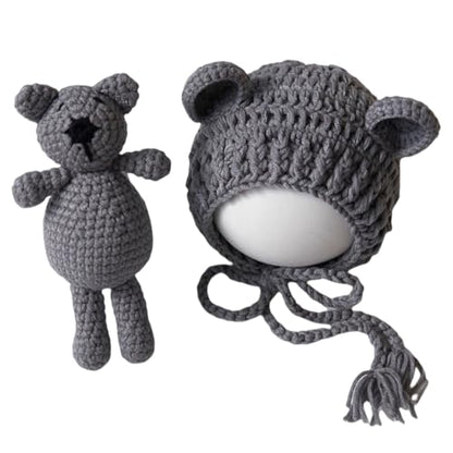 Zeroest Newborn Baby Boy Girl Photography Props Bear Hat Outfits Crochet Kint Handmade Cap Set for Newborn Photo Shoot - color: Grey