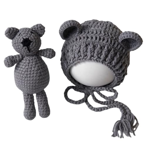 Zeroest Newborn Baby Boy Girl Photography Props Bear Hat Outfits Crochet Kint Handmade Cap Set for Newborn Photo Shoot - color: Grey