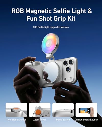 TELESIN Fun Shot Magnetic Phone Camera Grip + 4 in 1 Magnetic RGB Selfie Light Bundle Kit Compatible with iPhone Magsafe & Android, Creator Kit for Selfies/Photography/TikTok/Zoom Calls/Video - color: White Grip + RGB Light