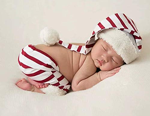 Christmas Newborn Baby Photo Shoot Props Outfits Crochet Clothes Santa Claus Red Hat Pants Photography Props - color: Red and Off-white