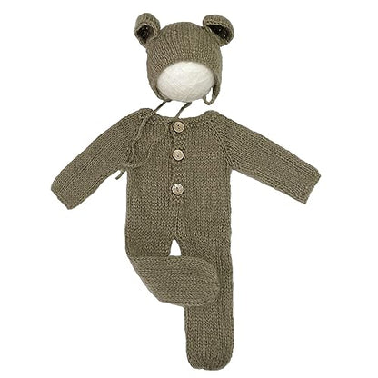 2Pcs Newborn Photography Props Boy Photo Posing Outfits Baby Photoshoots Girl Crochet Bear Hat Romper - color: Brown