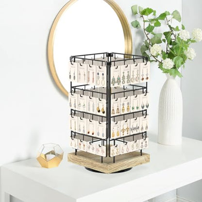 EsLuker.ly Rotating Earring Display Holder Stand for Vendors Events Selling, Large Capacity 64 Hooks Jewelry Rack with Wooden Base for Earring Card Sales, Enhances Retail Display Visibility - color: Oak+Black
