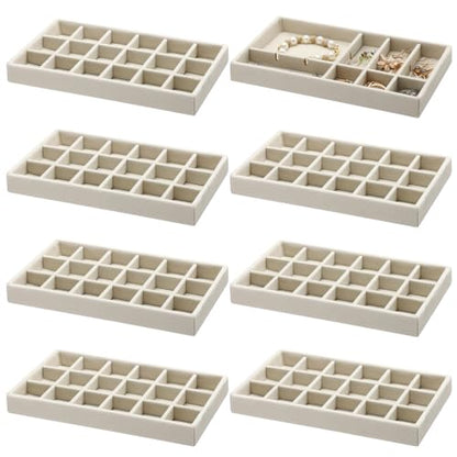 Highergo 8 Pcs Velvet Jewelry Trays Stackable Drawers Organizer Ring Earring Bracelet Necklace Storage Trays, 8.3x4.7x1''(18 Grids) - style: 18 Grids