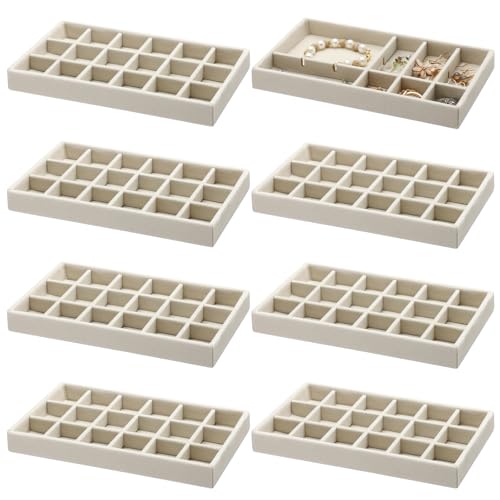 Highergo 8 Pcs Velvet Jewelry Trays Stackable Drawers Organizer Ring Earring Bracelet Necklace Storage Trays, 8.3x4.7x1''(18 Grids) - style: 18 Grids