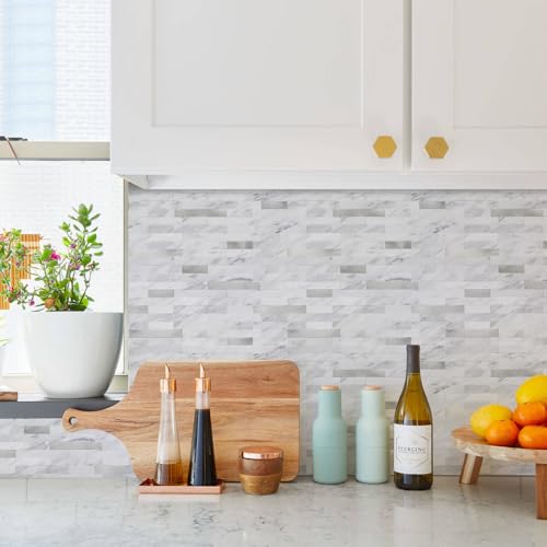 STICKGOO Peel and Stick Backsplash, PVC Wall Tiles Stick on Backsplash for Kitchen(1 Sheet, White Marble with Metal Silver) - color: White Marble with Metal Silver