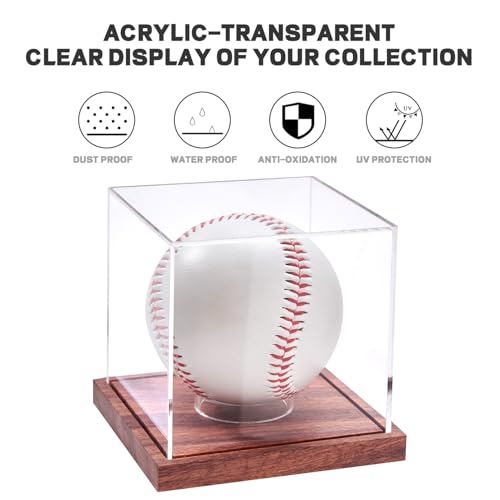 LITY Baseball Display Case, No Assembly Required Clear Cube Tennis Ball Holder with Solid Wooden Base, Autograph Baseball Stand Box for Single Ball (1 Pack) - size: 1 Pack Baseball