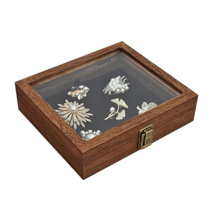 MOOCA Tempered-Glass Top 2 pieces Set Small Wooden Jewelry Display Case with Removable Black Luxurious Velvet Jewelry Display Pad, Deeper 2.2" Design for Collectibles, Brown Color. - color: Brown With Velvet Pad, 2 pieces