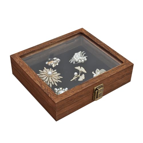 MOOCA Tempered-Glass Top Small Wooden Jewelry Display Case with Removable Black Luxurious Velvet Jewelry Display Pad, Deeper 2.2" Design for Collectibles, Brown Color. - color: Brown With Velvet Pad