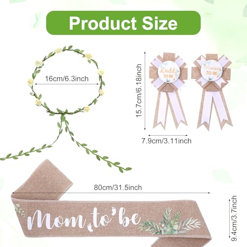 5pcs Neutral Burlap Dad to Be Pin Mom to Be Sash Baby Shower Decorations, Eucalyptus Baby Shower Sash Corsage Pin and Flower Crown Gender Reveals Party Decorations