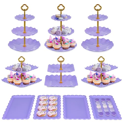 Pack of 11 NWK Cake Stand Set, with 3 x Two-Tier and 3 x Three-Tier Cupcake Stands, 4 x Appetizer Trays, 1 x Tablecloth for Birthday Bridal Baby Shower Party (Purple) - color: Purple
