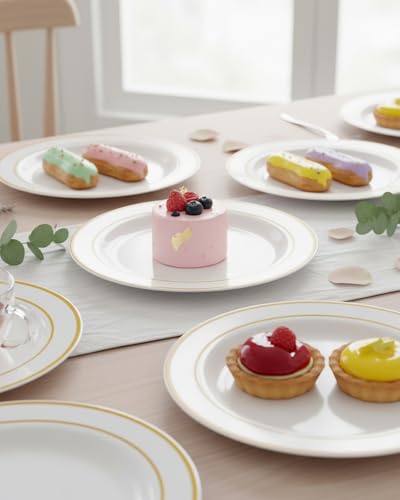 bUCLA 100Pieces Gold Plastic Plates - 6.25inch White with Gold Rim Disposable Salad/Dessert/Appetizer/Small Cake Plates Premium Hard - Ideal for Wedding, Party - color: 6.25Inch-100pcs-Gold