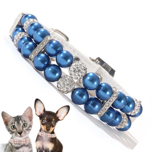 Blue Pearl Dog Collar, Fancy Crystal Bling Pearl Puppy Collar Rhinestone Luxury Beaded Necklace Diamond Girl Pet Jewelry for XS Small Medium Female Dogs, S - color: Blue, size: S(Neck 9-11.4")Tag M
