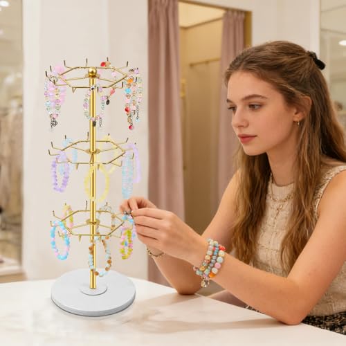 OAOLEER Bracelet Holder Display,3-Tier Rotating Bracelet Organizer Jewelry Stand Gold Metal Jewelry Display for Vendor With 36 Hooks