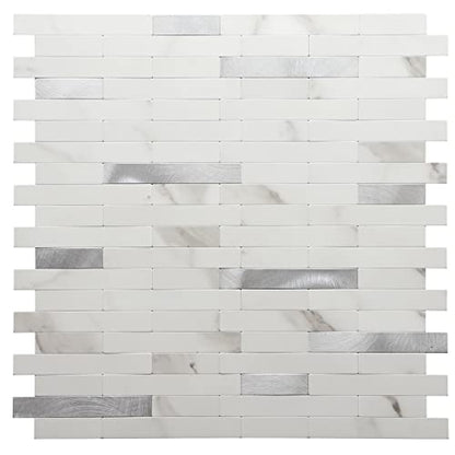 STICKGOO Peel and Stick Backsplash,PVC Wall Tiles Stick on Backsplash for Kitchen(1 Sheet, Statuario White with Metal Silver) - color: Statuario White with Metal Silver