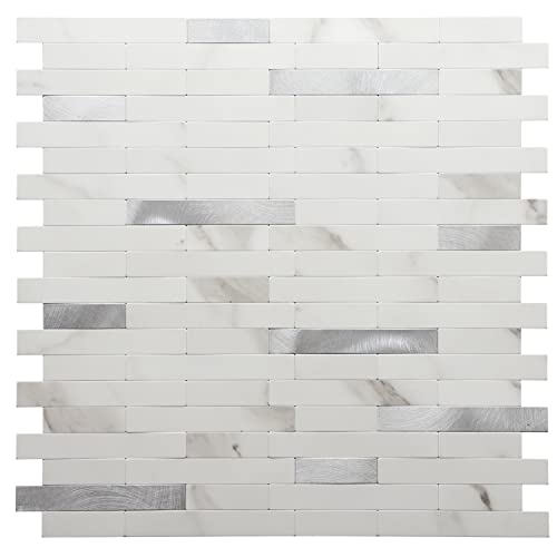 STICKGOO Peel and Stick Backsplash,PVC Wall Tiles Stick on Backsplash for Kitchen(1 Sheet, Statuario White with Metal Silver) - color: Statuario White with Metal Silver