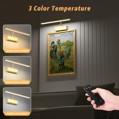 Lightbiz Picture Light, 15.35inch 5400mAh Rechargeable Picture Lights for Wall Battery Operated Wall Lights, 3 Colors Paintings Light Dimmable Art Light for Artwork, Gallery (Gold)