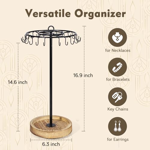 Rotating Necklace Holder, Necklace Organizer Tree Stand with 24 Hooks, Jewelry Necklace Display Stand, Wooden & Metal, Tall Spinning for Vendors Retail, Gift for Mother Women, Vintage Black