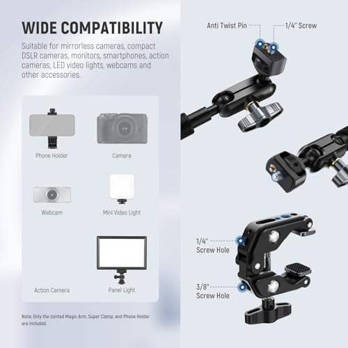 NEEWER Magic Arm Camera Mount, Overhead Desk Phone Mic Stand Holder, 22" Articulating Boom Arm C Clamp 1/4" 3/8" Threads for ARRI for Microphone Webcam Action Camera Video Light, Cleaning Cloth, UA057 - style: UA057 w/Cleaning Cloth