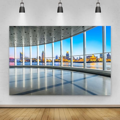 6x4ft Business Office Window Backdrop French Window City Skyline View Buildings Photography Background Work at Home Interior Decor Adult Man Woman Portrait Photo Studio Props Wallpaper - size: 6x4ft