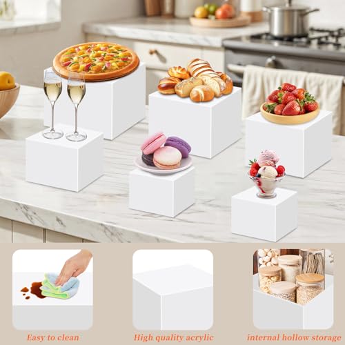 Draupnir 6 Pcs Food Risers for Display Party Included Mini Sign and Makers, 5 Sizes Hollow Acrylic Buffet Risers with Bottoms, White Catering Dessert Jewelry Collectibles Boxes(4",4",5",6",7",8")