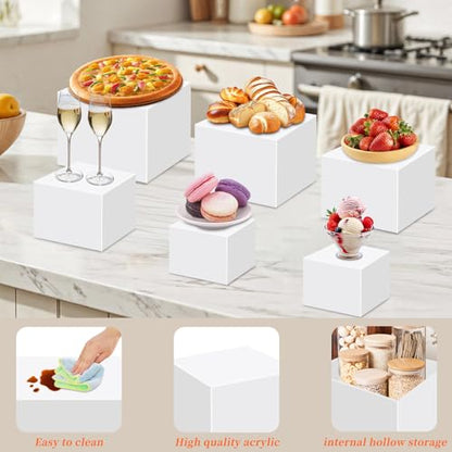 Draupnir 6 Pcs Food Risers for Display Party Included Mini Sign and Makers, 5 Sizes Hollow Acrylic Buffet Risers with Bottoms, White Catering Dessert Jewelry Collectibles Boxes(4",4",5",6",7",8")