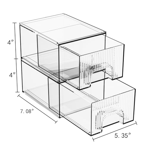 ZHIAI 2 Pack Clear Stackable Cosmetic Organizer, Acrylic Drawer, Plastic Organizer for Dresser, Vanity, Kitchen Cabinet, Pantry, Home Organization and Storage - color: 2 Short