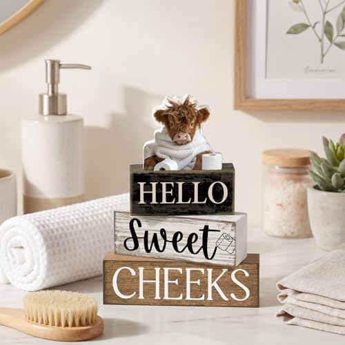 Moucuny 4 Pcs Bathroom Shelf Decor Highland Cow Farmhouse Bathroom Decor and Accessories Rustic Eucalyptus Leaves Hello Sweet Cheeks Highland Cow Sign Western Table Centerpiece for Home Office Toilet - style: Bathroom Highland Cow
