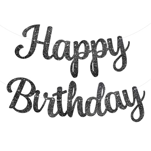 Black Happy Birthday Banner - Pre-Strung, Glitter Black Birthday Sign, 10 Feet, NO DIY, Happy Birthday Garland for Women Men Birthday Party Decorations Supplies - color: Black