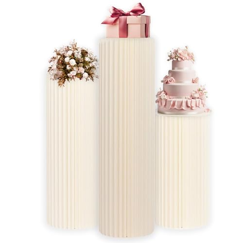 Foldable Cylinder Pedestal Stand for Parties 3pcs Columns Pedestal Display Stands Round White Cylinder Column Table Roman Pillar for Wedding Birthday Baby Shower Party Decor