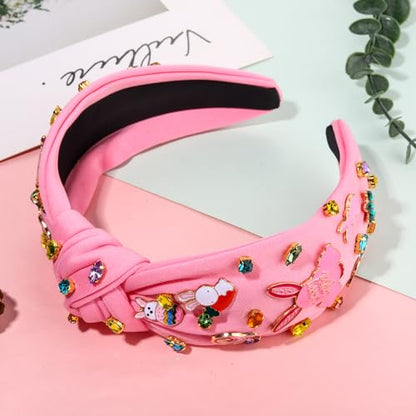 NVENF Easter Headband for Women Beaded Easter Rabbit Bunny Headband White Pink Crystal Pearl Knotted Hairband Happy Easter Hair Accessories Spring Holiday Headwear Outfits Gifts (Easter A) - color: Easter A