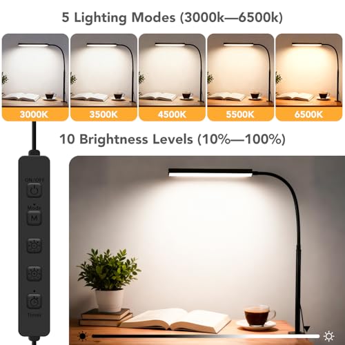 Small LED Desk Lamp with Clamp,Eye-Caring Clip on Lamp for Desk, 5 Modes 10 Brightness, Flexible Gooseneck USB Adapter Table Lamps for Home Office, Sewing（Black） - color: Std.-Black