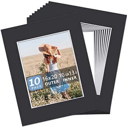 Somime 10 Pack Picture Mats 16x20 for 11x14 Photos, Acid Free Black 16x20 Precut Mat, White Core Bevel Cut Frame Matte, Ideal for Frames, Pictures - size: black 10pc precut 16x20