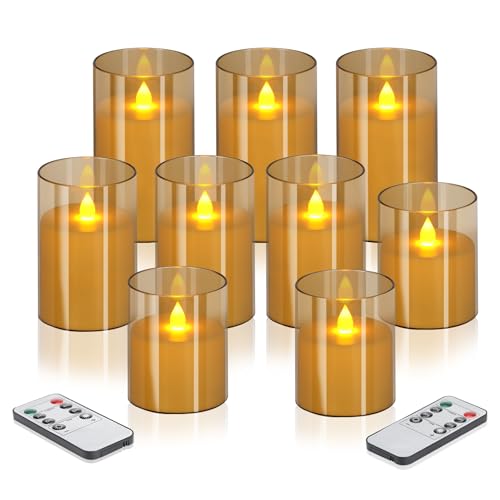 wemarry Flameless Candles 4" 5" 6" Acrylic Glass Pillars 3" Diameter Battery Operated Flickering Candles Include 8-Key Remote with Timer Function 400+ Hours (Gray, Warm Light 9 Pack) - color: Amber, size: Warm Light 9 Pack