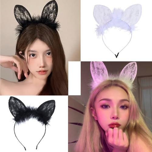 Cat Ears Headbands Plush Lace Halloween Cute Costume Party Makeup Hair Headpiece Sexy Masquerade Nightclubs Photo Prop for Women - color: Cat Ears