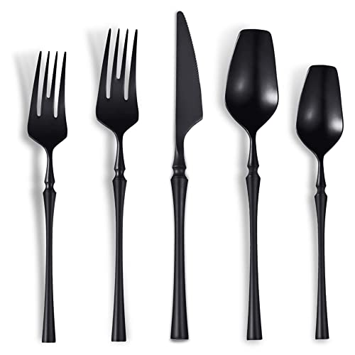 Lemeya 20-Piece Matte Black Silverware Set for 4,Modern 18/10 Stainless Steel Flatware Set,Unique Rustic Cutlery Utensils Set,Spoon and Fork Set for Home, Restaurant,Mirror Polished,Dishwasher Safe - color: Matte Black 20 Pieces Set with Dessert Spoon