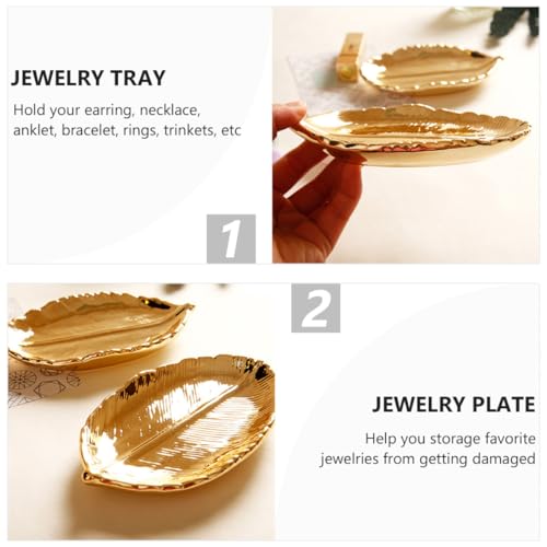 KESYOO Ceramic Jewelry Tray Gold Leaf Trinket Dish Ring Holder Plate Jewelry Organizer Decorative Display for Women Vanity Table and Photo Props