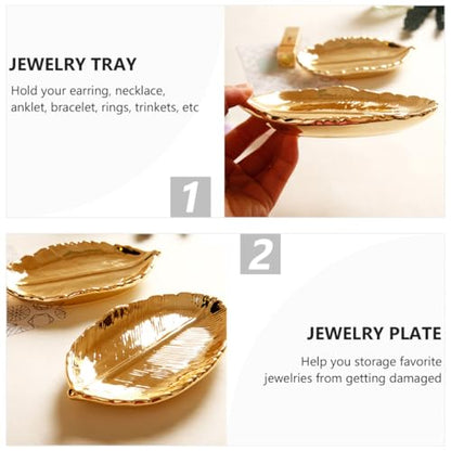 KESYOO Ceramic Jewelry Tray Gold Leaf Trinket Dish Ring Holder Plate Jewelry Organizer Decorative Display for Women Vanity Table and Photo Props