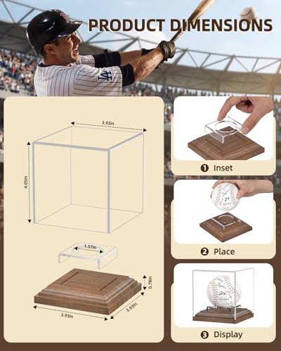 Baseball Display Case for Balls Walnut Wood Base Acrylic Baseball Holder Display Case Uv Protection Baseball Cube Box Stand Memorabilia Autograph Ball, Ideal Gift for Official Size Ball Display