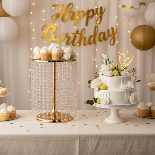 Wedding Cake Stand for Dessert Table 12 Inch Gold Crystal Pendants Metal Cake Stand Serves as A Round Dessert Cupcake Display Plate 16 Inch Tall (Gold) - color: Gold, size: Large