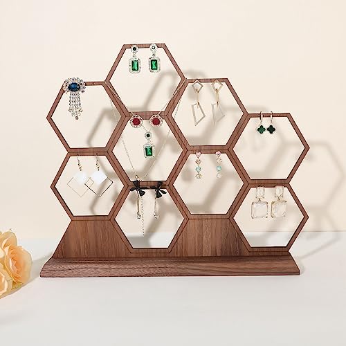 hexagonal jewelry earring display stands for selling, wooden necklace jewelry organizer hanging, walnut earring hanger dangle holder for show, home decor【Jewelry shelf-Hexagon】
