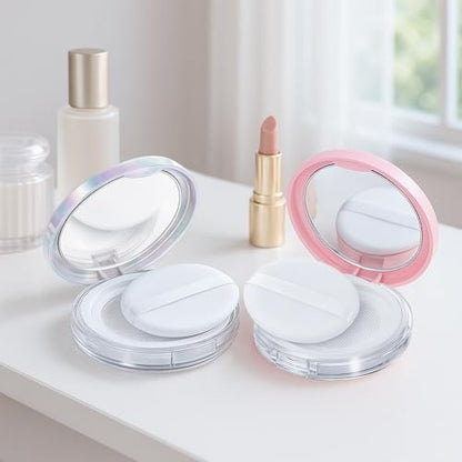 Tokusatsu 2-Pack Refillable Loose Powder Container with Puff & Mirror - 0.17 oz Travel Portable Empty Makeup Compact with Mesh for Women Girls, (Pink, Iridescent Silver) - color: Pink Iridescent Silver