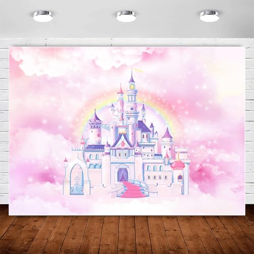 Pink Princess Castle Backdrop for Girls Birthday,Fairy Princess Birthday Banner Party Decorations,Watercolor Pastel Rainbow Background for Kids Royal Bday Newborn Shower Decor Photo Booth Props 8x6ft - size: 8x6ft