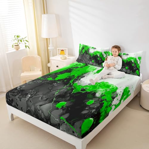 Abstract Art Fitted Sheet Green Bed Sheets | Ombre Marble Texture Ink Fluid Art Gradient Black Marbling Sheets Queen Size Bed Set - color: Green, size: Queen