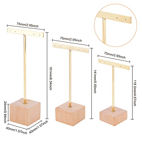 FINGERINSPIRE 3 Pcs Gold Metal T Bar Earring Display Stand with Wooden Square Base 4 Holes Jewelry Holders Hanging Earring Organizer for Store Retail Photography Props（4.7 & 5.5 &6.3 inch Height） - color: Gold- Wood Square Base, 4 Holes